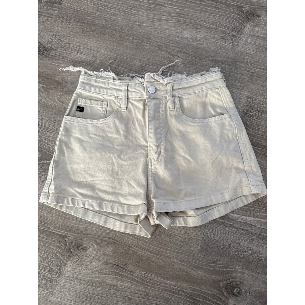 KanCan Beige High Rise Frayed Waist Denim Shorts Size 5 26 Seamed Bottom Pockets